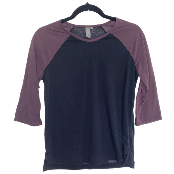 SWEATY BETTY Women's Black and Purple Raglan Crew Neck Top 3/4 Sleeves in Sz S - Picture 1 of 8